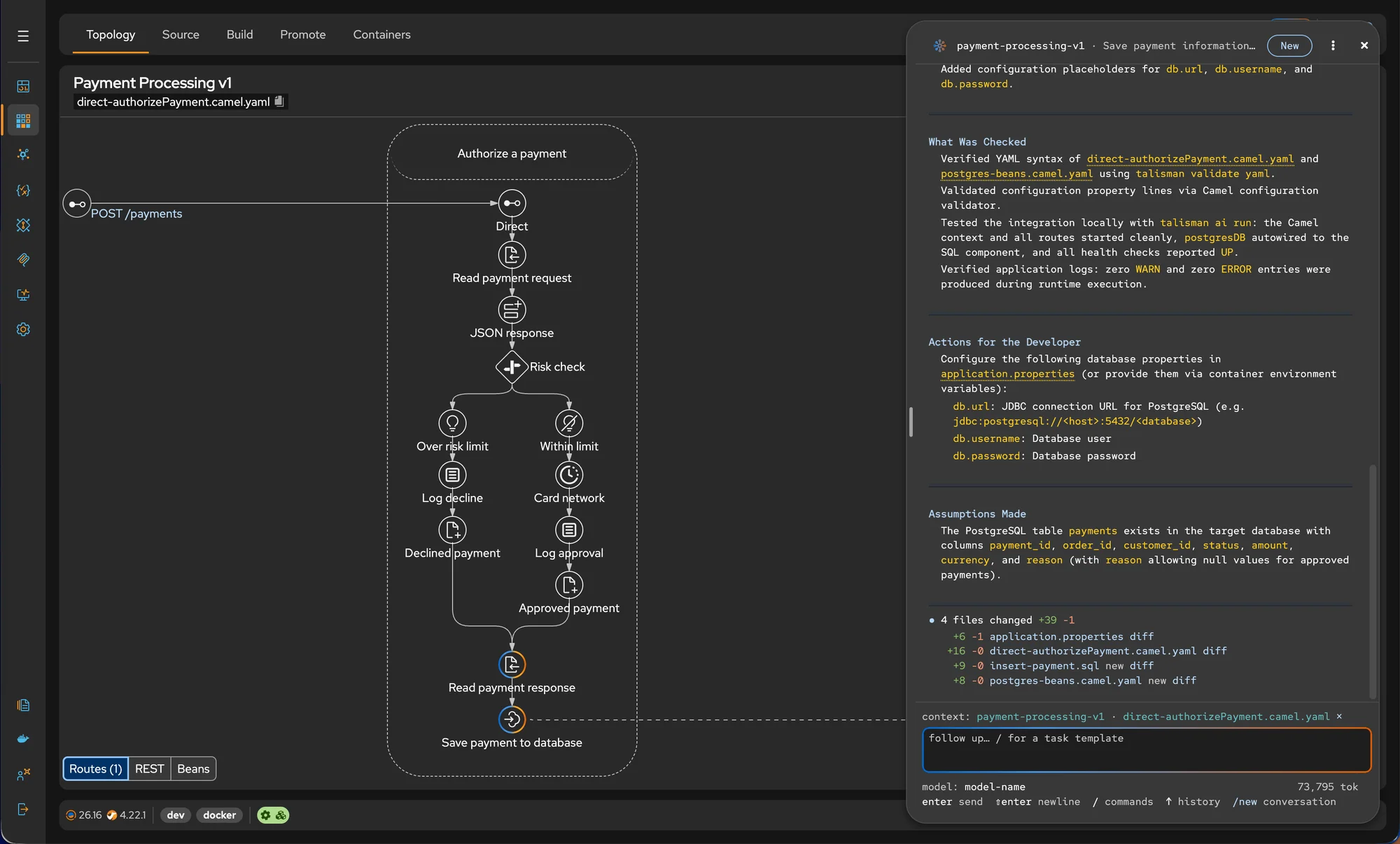 Studio Web with Context-Aware AI: a payment authorization route with risk-check branching next to the agent summary of validated YAML, a clean test run, and changed files